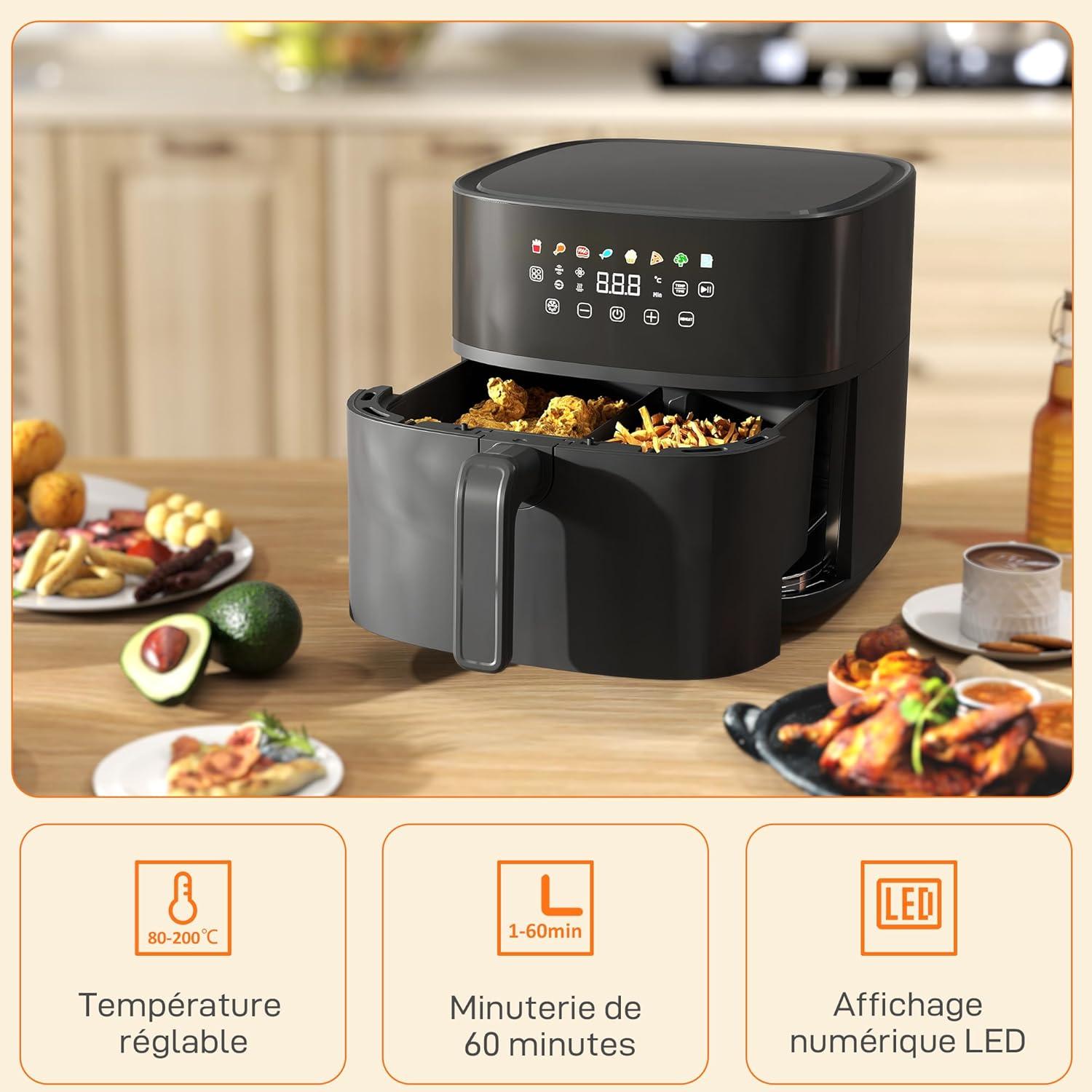imageHOMCOM Friteuse air friteuse sans huile 8 L air fryer 1700 W 8 programmes circulation dair chaud 360 cran tactile LED temprature rglable minuterie et protection contre la surchauffe noir