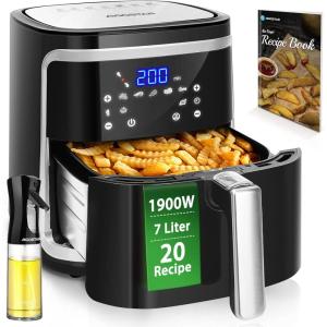 Aigostar Cube – Friteuse à air sans huile de XXL, 1900W, 7L air fryer. Livre de recettes inclus. Mode manuel et fonction maintien au chaud. Panneau tactile LED, 7 préprogrammes(Noir)