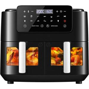Air Fryer 9L, Friteuse sans Huile à Double Tiroir, Panneau Tactile LED, 9 Menus Prédéfinis, Paniers et Grilles Anti-Adhésifs, Fonctions Match Cook & Smart Finish, 2400W, Noir(Noir)