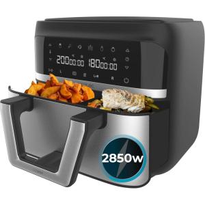 Cecotec Friteuse à Air sans Huile – 9L Séparable en 2 – Air Fryer Cecofry Dual 9000, 2850W, Diététique et Digitale, Panneau Tactile, Température Double et Réglable, 6 Modes, Technologie PerfectCook(Acier Inoxydable)