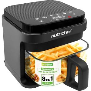 NutriChef Friteuse à Air 5.8L – 8 Modes Préréglés, Bol Transparent, Température et Temps Précis – Pour Crevettes, Frites, Ailes, Poulet – Blanc, 28.19(Gris)