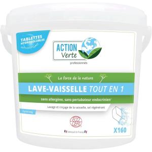 ACTION VERTE – Pastilles Lave-vaisselle Tout-en-Un – Lavage + Rinçage + Sel Régénérant – 100% Ingrédients d&rsquo;Origine Naturelle – Certifiées Ecocert – Fabrication Française – 160 Tablettes(Cycle Long)