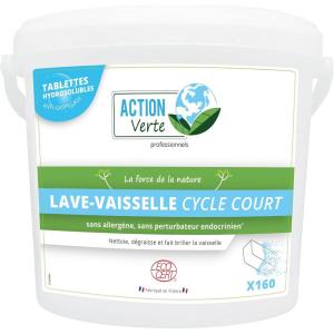 ACTION VERTE – Pastilles Lave-vaisselle Tout-en-Un – Lavage + Rinçage + Sel Régénérant – 100% Ingrédients d&rsquo;Origine Naturelle – Certifiées Ecocert – Fabrication Française – 160 Tablettes(Cycle Court)