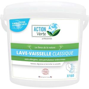 ACTION VERTE – Pastilles Lave-vaisselle Tout-en-Un – Lavage + Rinçage + Sel Régénérant – 100% Ingrédients d&rsquo;Origine Naturelle – Certifiées Ecocert – Fabrication Française – 160 Tablettes(Classique)