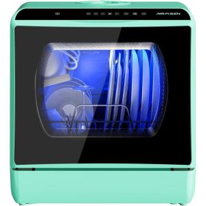 AIRMSEN Mini Lave-Vaisselle de Comptoir, 5+1 Programmes, Réservoir d&rsquo;Eau de 5L, Contrôle Tactile et Écran LED, Adapté pour les Cuisines Familiales, Appartements et Dortoirs, Blanc et noir(Vert)