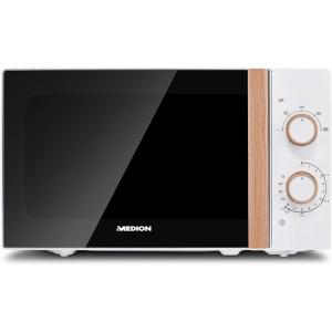 MEDION Micro-ondes (aspect bois, 20 litres, 700 watts, porte miroir, 5 niveaux de puissance, fonction décongélation, minuterie, MD10596) blanc