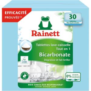 RAINETT – Pastilles Lave-Vaisselle Tout-en-Un au Bicarbonate – Résultat Brillant, Sans Traces – Etui Carton Recyclé & Recyclable – Ecolabel – 30 Tablettes(30 unité (Lot de 1))
