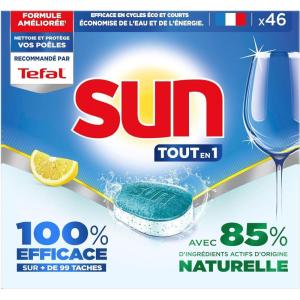 SUN – pastilles lave-vaisselle Tout en 1 Citron 46 tablettes – avec 85% d&rsquo;ingrédients d&rsquo;origine naturelle – 100% efficace sur + de 99 taches(46 unité (Lot de 1))