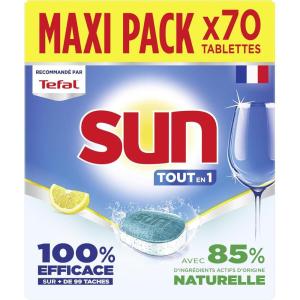SUN – pastilles lave-vaisselle Tout en 1 Citron 46 tablettes – avec 85% d&rsquo;ingrédients d&rsquo;origine naturelle – 100% efficace sur + de 99 taches(70 unité (Lot de 1))