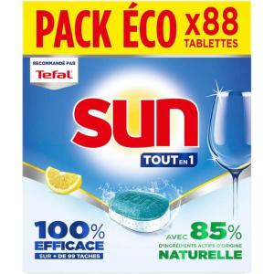 SUN – pastilles lave-vaisselle Tout en 1 Citron 46 tablettes – avec 85% d&rsquo;ingrédients d&rsquo;origine naturelle – 100% efficace sur + de 99 taches(88 unité (Lot de 1))