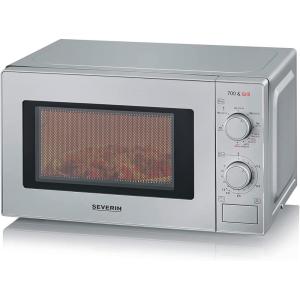 Severin Four Micro-ondes, 20 L, jusqu’à 800 W, 6 niveaux de puissance, Fond plat en verre, Gris, MW 9184(Argent)