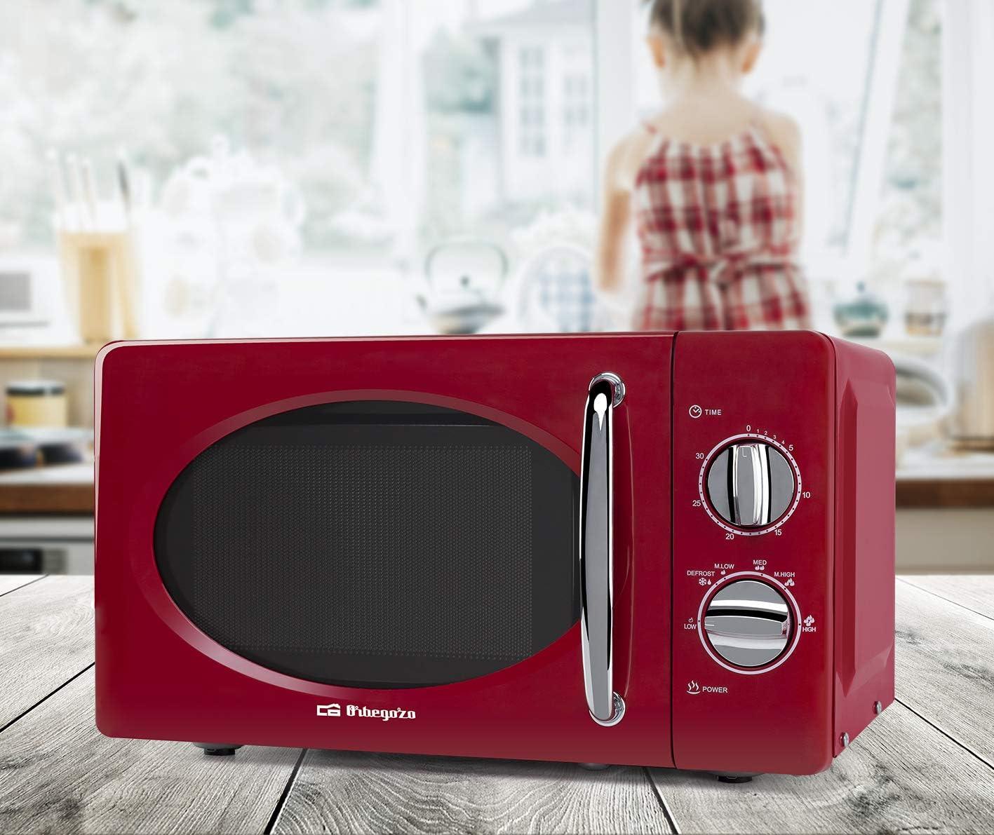 imageOrbegozo MI2020 Four microondes 20 l de capacit 6 niveaux de fonctionnement minuterie jusqu 30 min modle vintage 700 W acier rouge