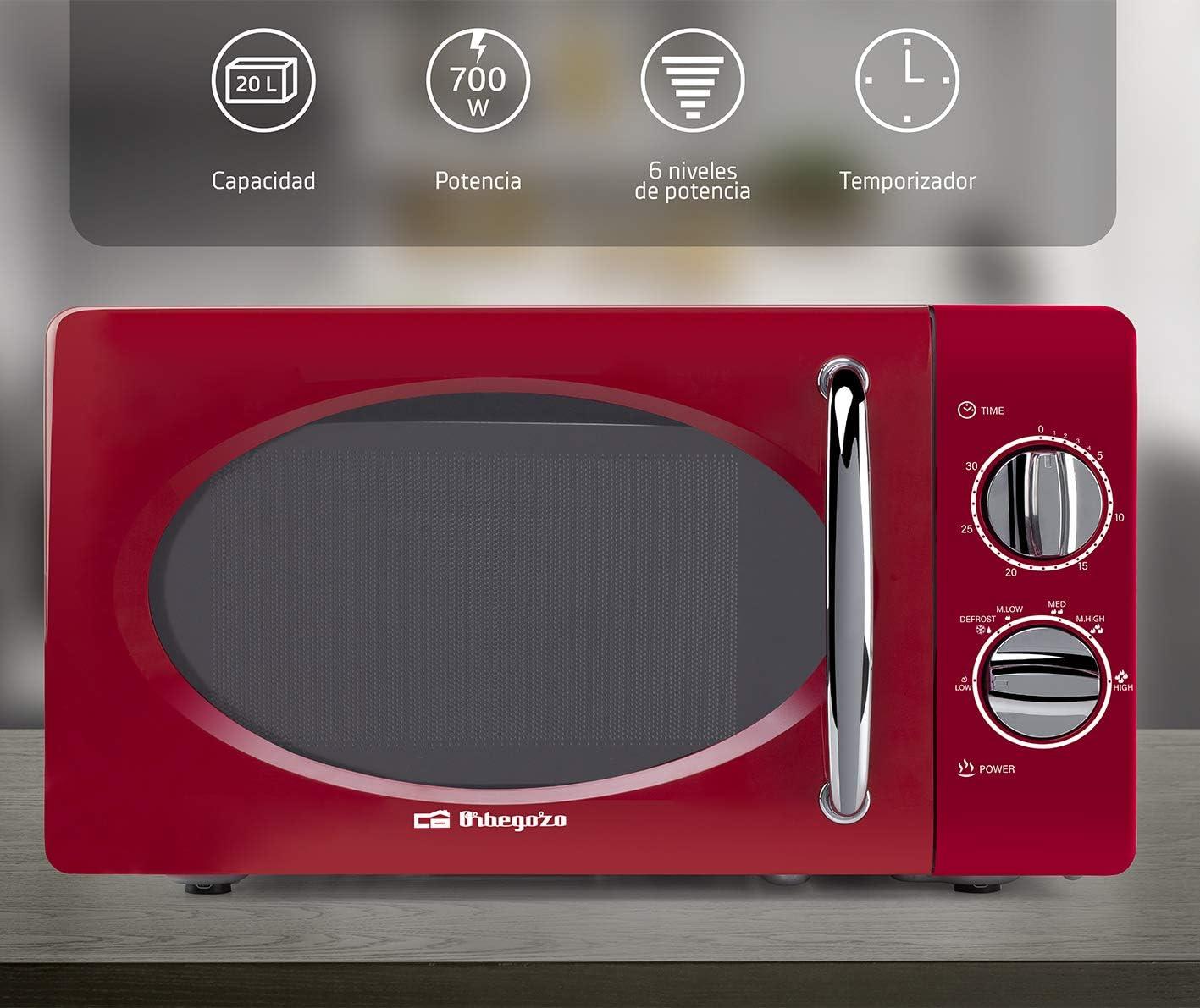 imageOrbegozo MI2020 Four microondes 20 l de capacit 6 niveaux de fonctionnement minuterie jusqu 30 min modle vintage 700 W acier rouge