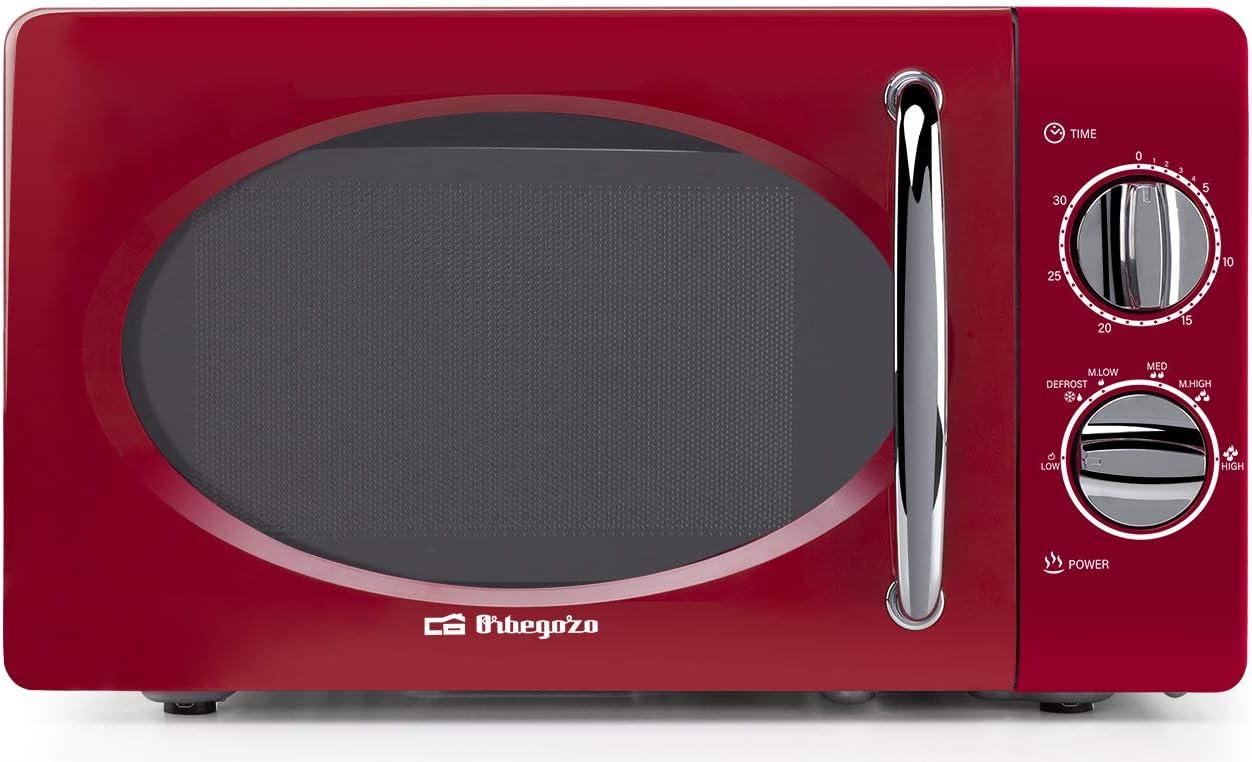 imageOrbegozo MI2020 Four microondes 20 l de capacit 6 niveaux de fonctionnement minuterie jusqu 30 min modle vintage 700 W acier rouge