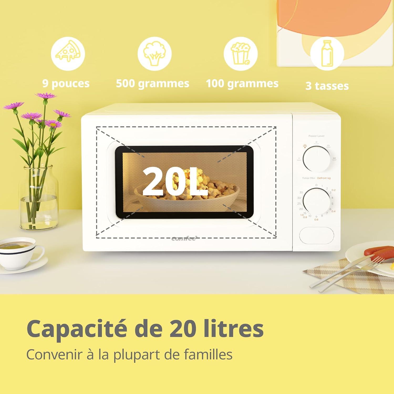 imageComfee CMM202CCWH Four microondes compact avec la capacit de 20 litres 700 W avec Commande manuelle Convenable pour petites cuisines 5 niveaux de puissance Dge rapide Blanc20l Blanc