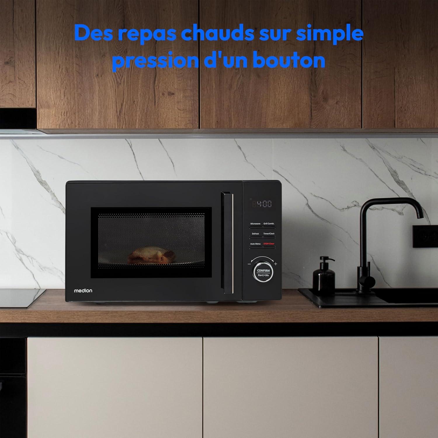 imageMEDION Microondes avec gril et air chaud 23 litres 900 watts 1000 watts gril 1680 watts fonction air chaud 11 programmes automatiques 5 niveaux de puissance fonction dconglation inox MD12020 Liter