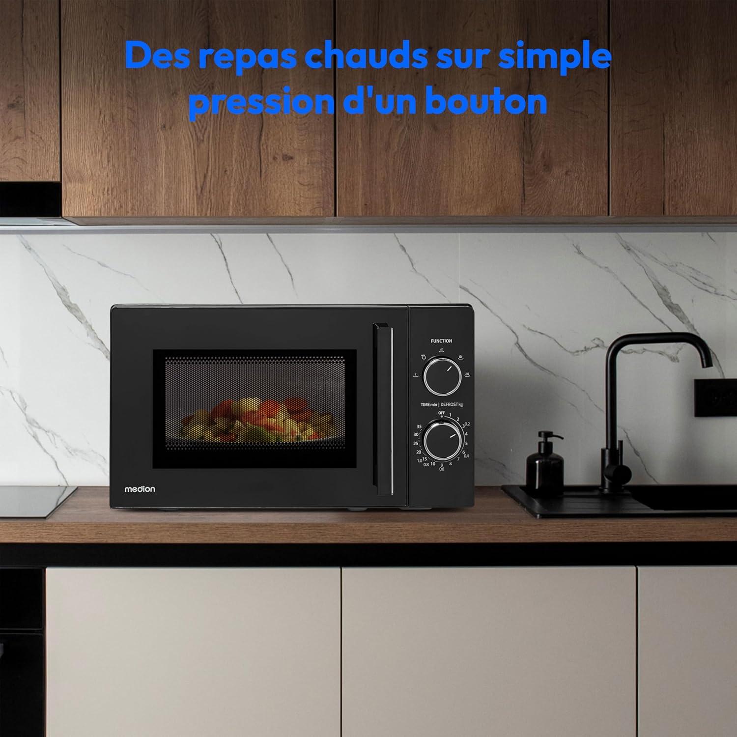 imageMEDION Microondes avec gril et air chaud 23 litres 900 watts 1000 watts gril 1680 watts fonction air chaud 11 programmes automatiques 5 niveaux de puissance fonction dconglation inox MD12020 Liter
