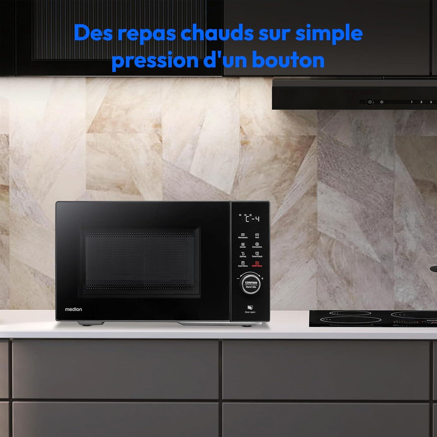imageMEDION Microondes avec gril et air chaud 23 litres 900 watts 1000 watts gril 1680 watts fonction air chaud 11 programmes automatiques 5 niveaux de puissance fonction dconglation inox MD12023 Liter