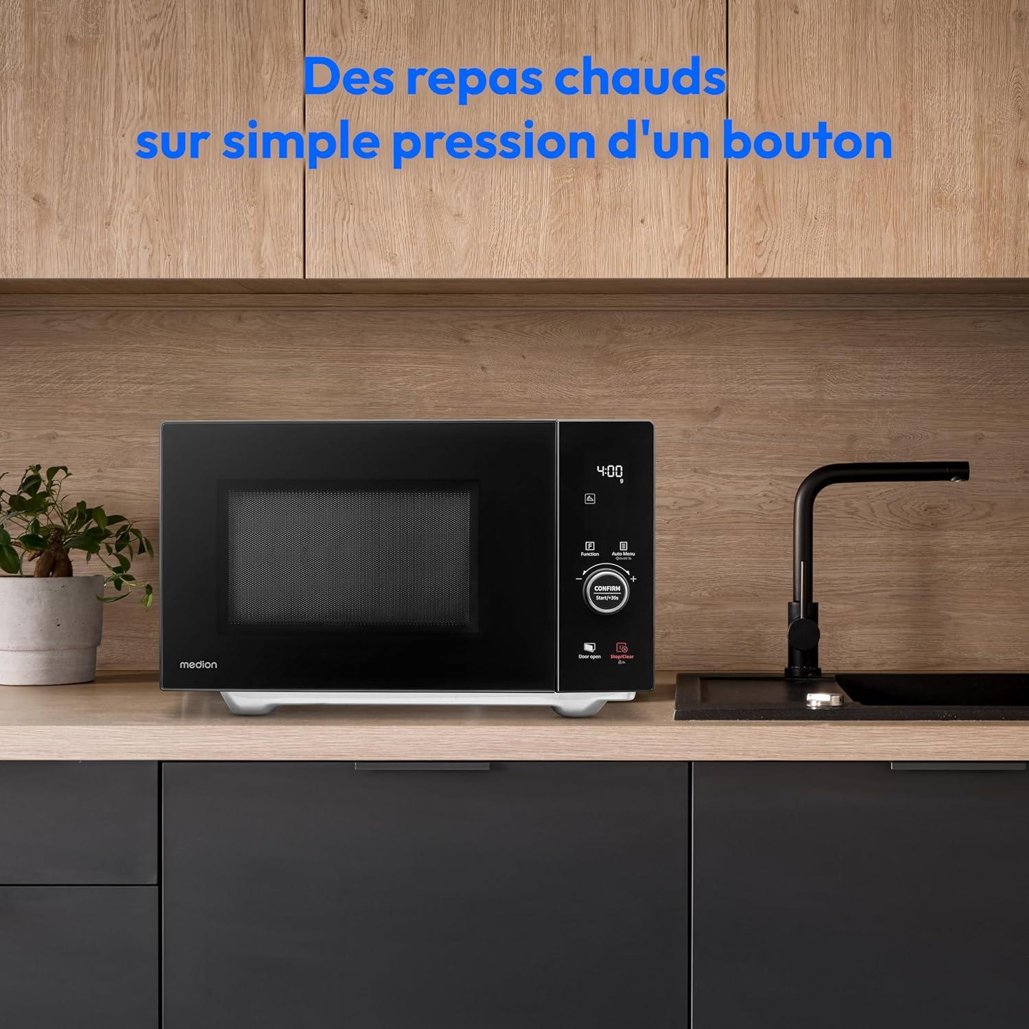 imageMEDION Microondes avec gril et air chaud 23 litres 900 watts 1000 watts gril 1680 watts fonction air chaud 11 programmes automatiques 5 niveaux de puissance fonction dconglation inox MD12025 Liter