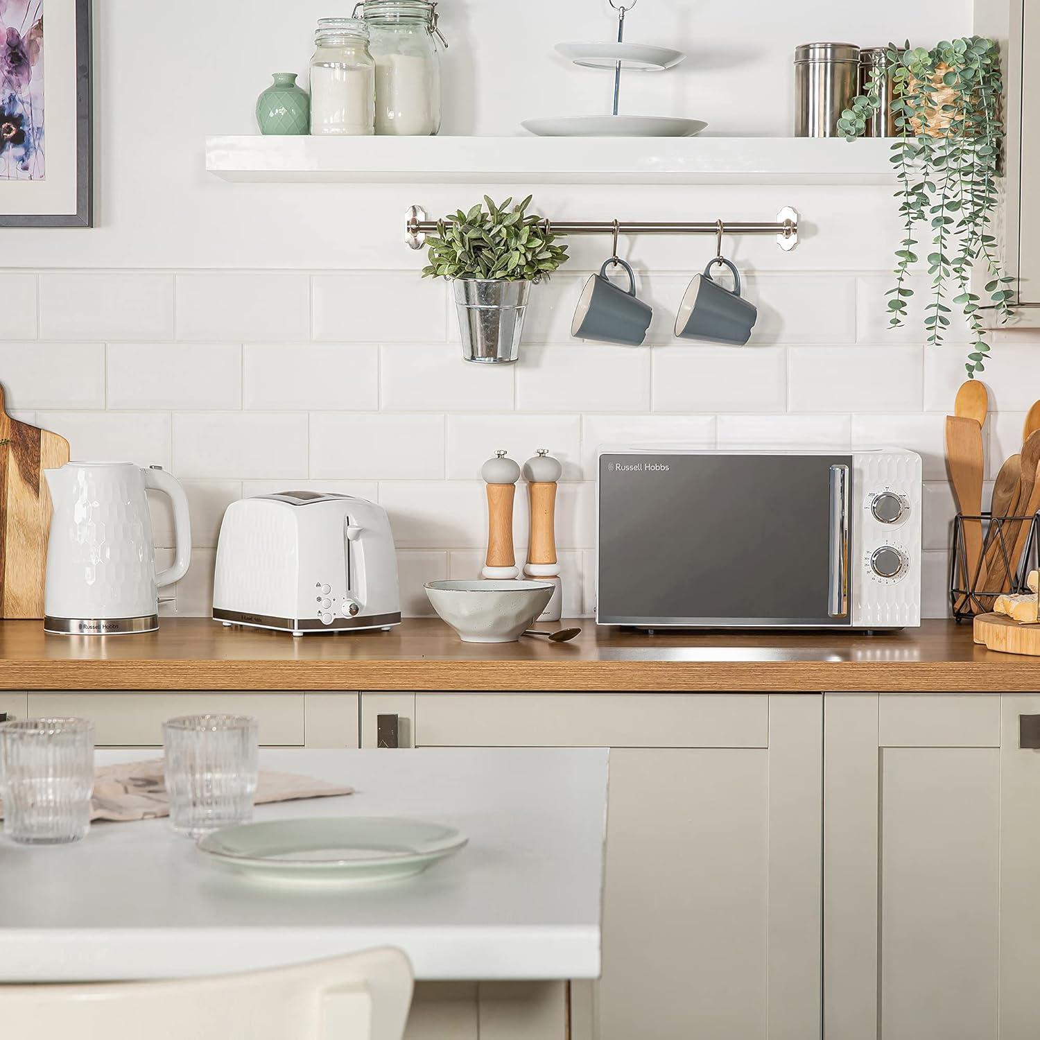 imageRussell Hobbs RHMM715EU Honeycomb Microondes Manuel Solo de 17 Litres et 700W Blanc avec 5 Niveaux de Puissance Minuterie Intgre et Fonction Dconglation