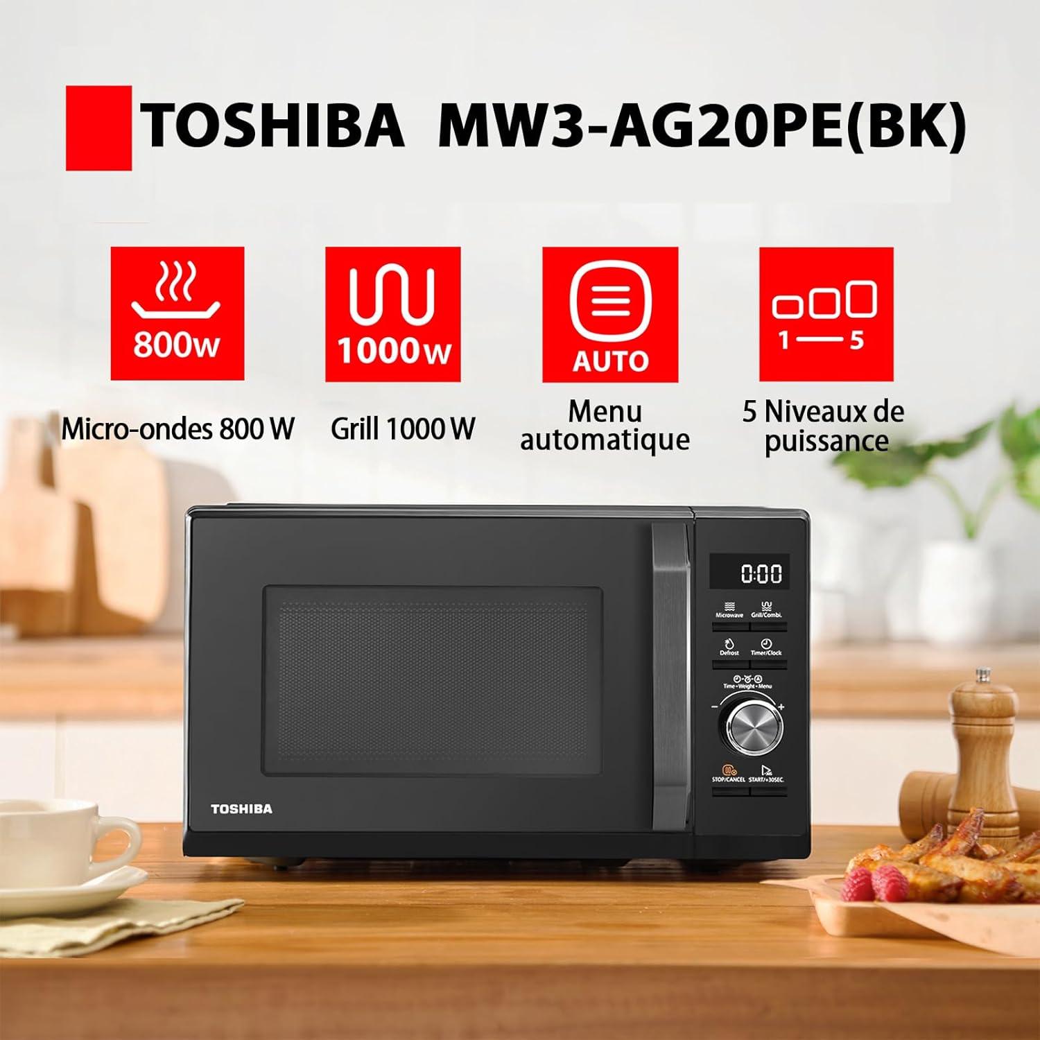 imageToshiba Four microondes 20 L MW2MG20PBK 800W1000W Grill avec Grill Croustillant et Fonction de Cuisson Combine 9 Niveaux de Puissance Ampoule LED Dgivrage facile Noir20L