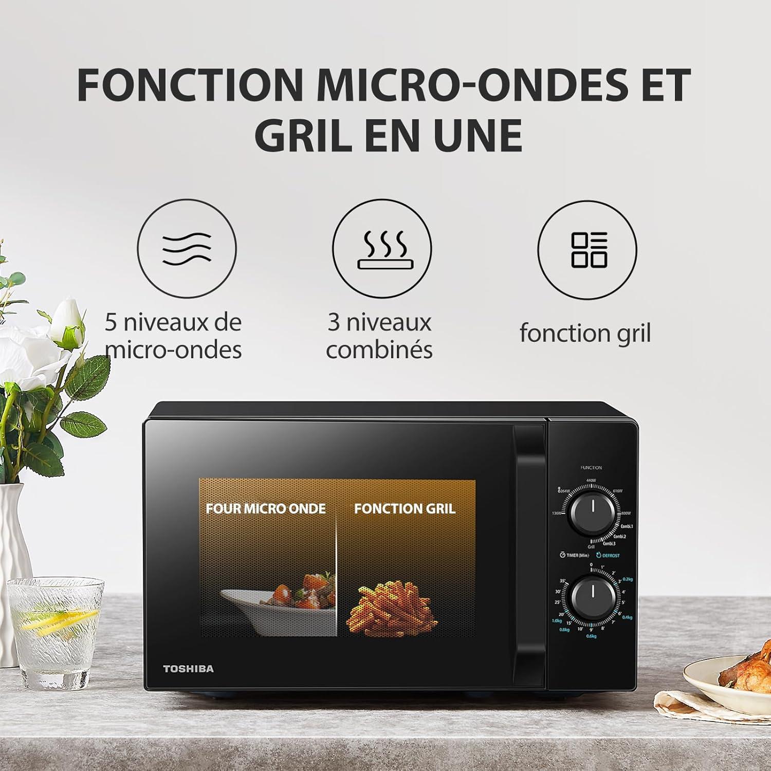 imageToshiba Four microondes 20 L MW2MG20PBK 800W1000W Grill avec Grill Croustillant et Fonction de Cuisson Combine 9 Niveaux de Puissance Ampoule LED Dgivrage facile NoirGrill mcanique