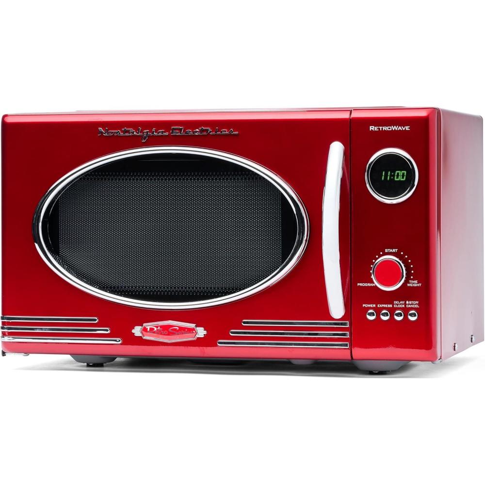 imageNostalgia RMO4BK Retro Four  microondes de comptoir 09 pied cube 800 W 5 niveaux de puissance et 12 rglages de cuisson affichage LED noir jaisRouge Mtallis