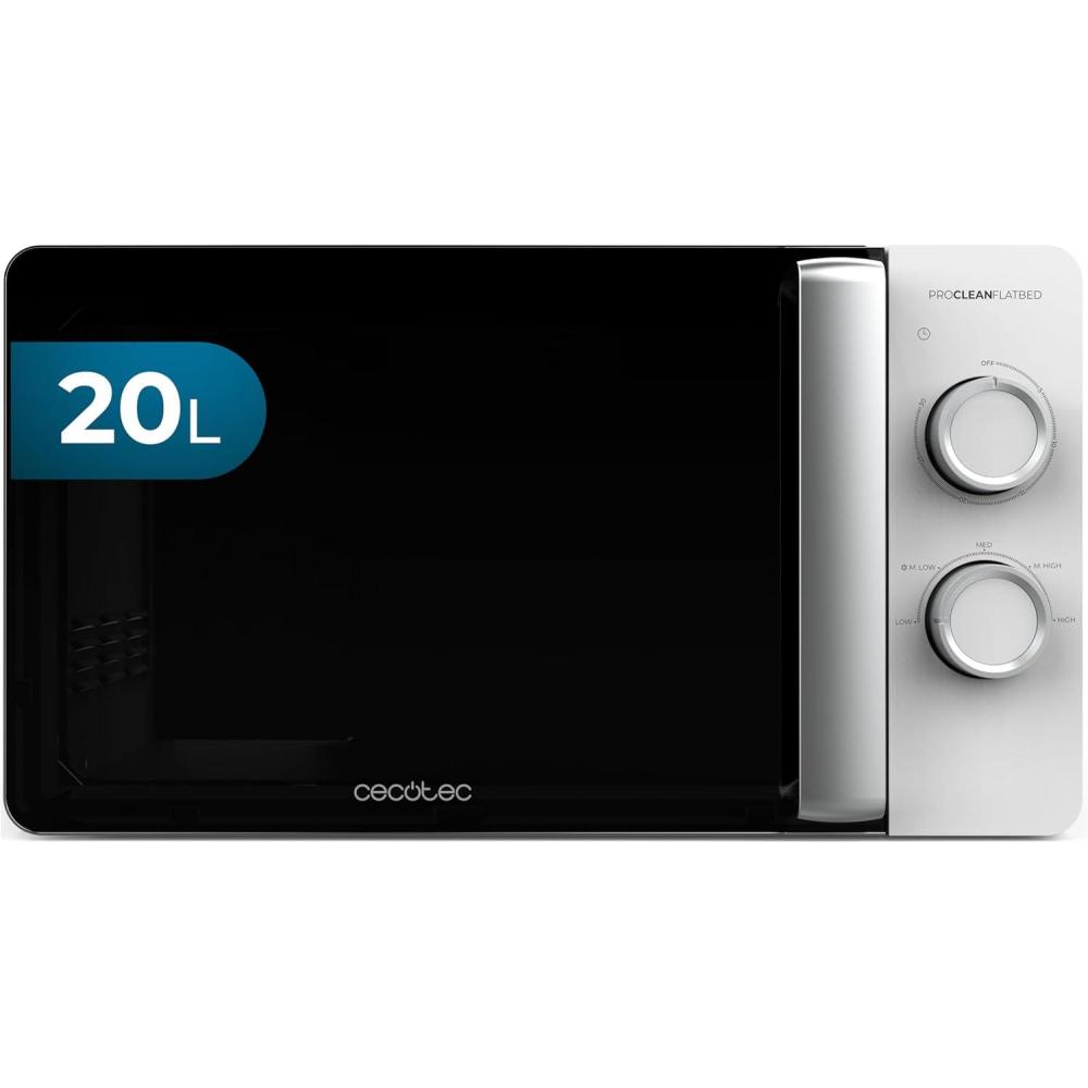 imageCecotec Microondes Proclean 5010 Flatbed Inox Capacit 20L 700W 5 niveaux gril halogne de 800W 8 programmes automatiques cran LED et technologie 3DWave pour une cuisson optimaleBlanc Porte Noire