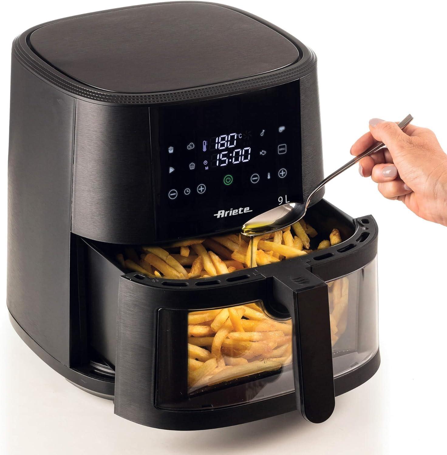 imageAriete 4630 Friteuse air 9L 1500W Capacit 9L 8 programmes Fonction Grill Jusqu 35 kg daliments frits Temprature jusqu 200C Panier transparent Noir