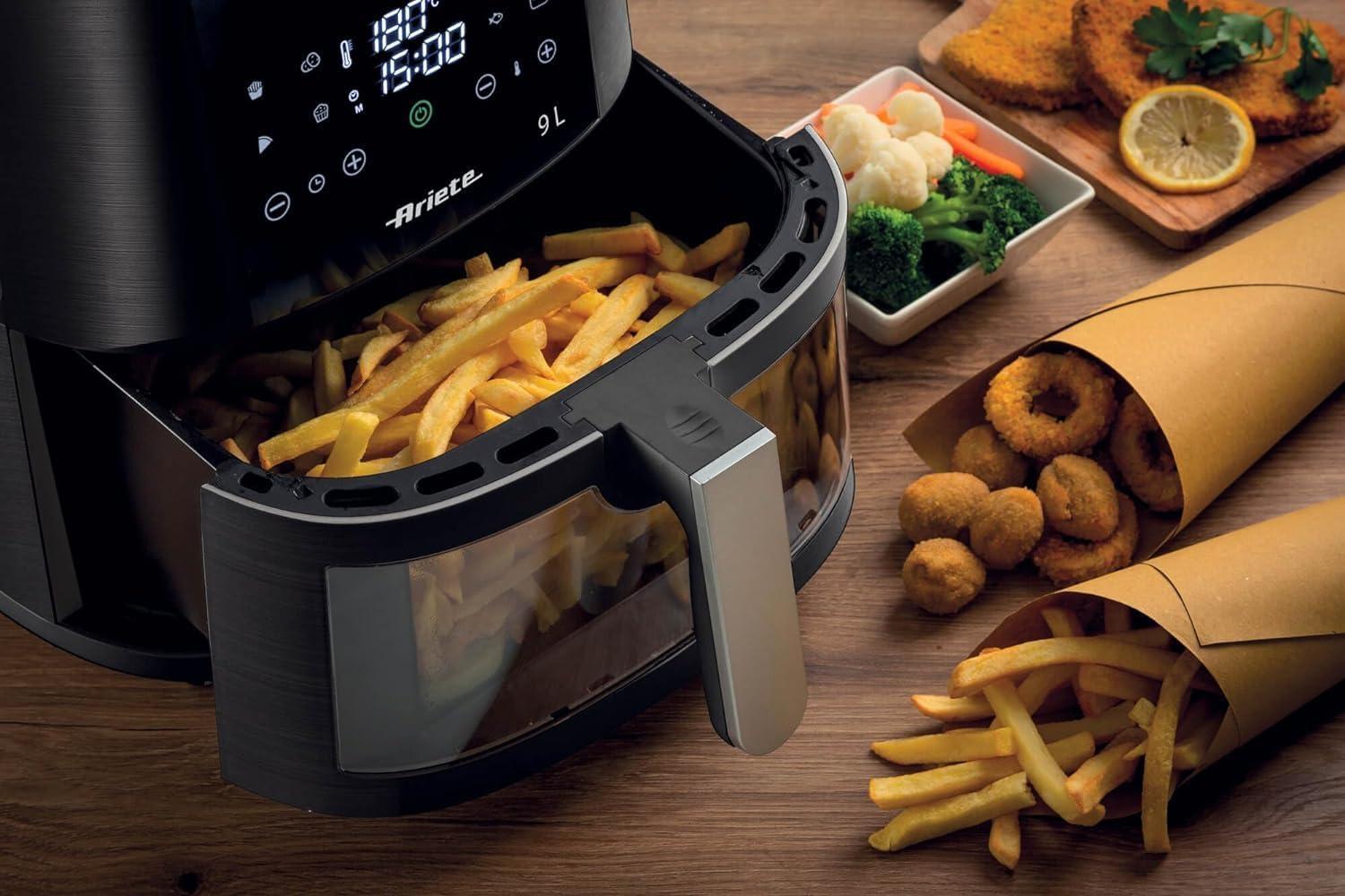 imageAriete 4630 Friteuse air 9L 1500W Capacit 9L 8 programmes Fonction Grill Jusqu 35 kg daliments frits Temprature jusqu 200C Panier transparent Noir