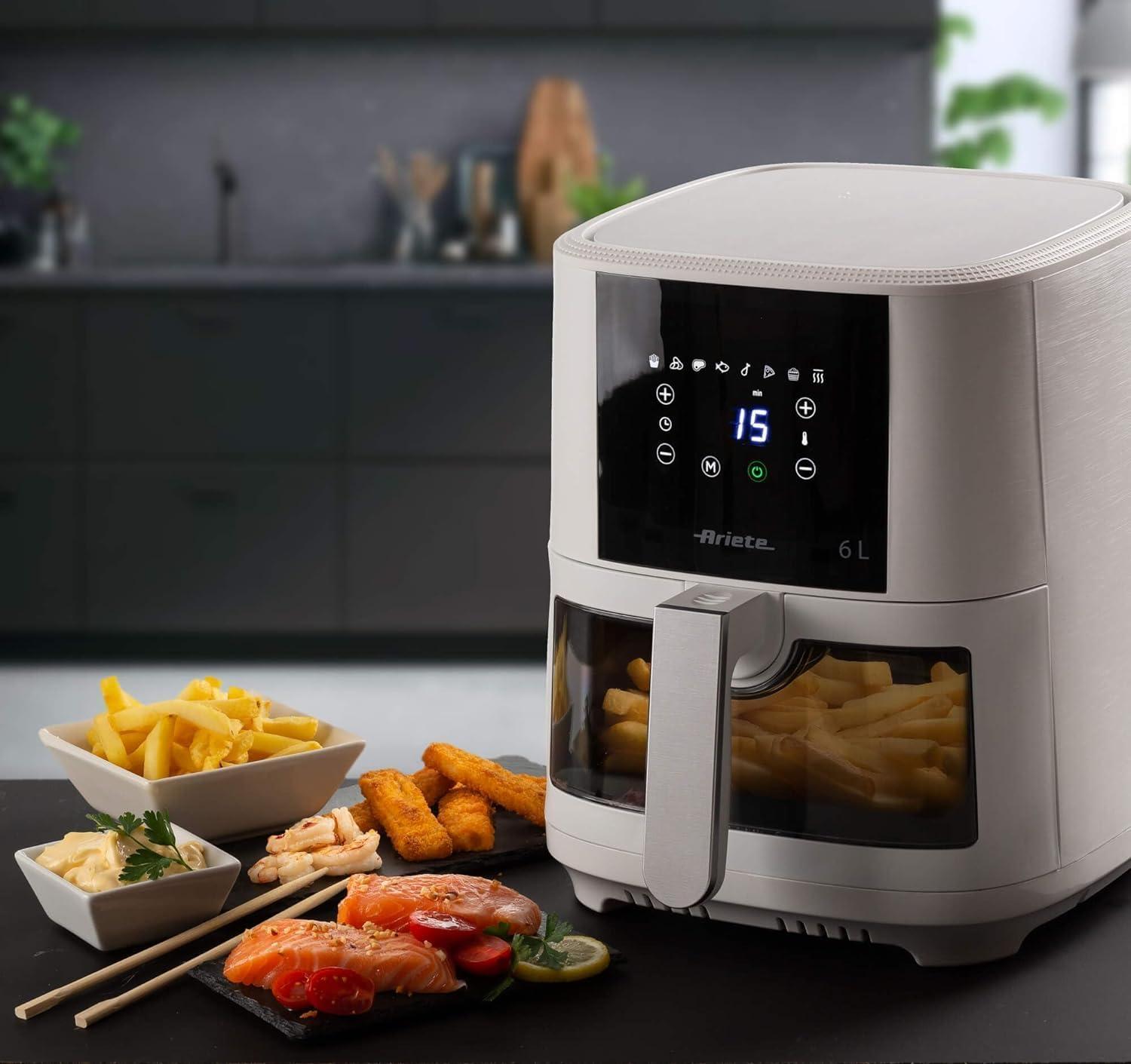 imageAriete 4630 Friteuse air 9L 1500W Capacit 9L 8 programmes Fonction Grill Jusqu 35 kg daliments frits Temprature jusqu 200C Panier transparent Noir