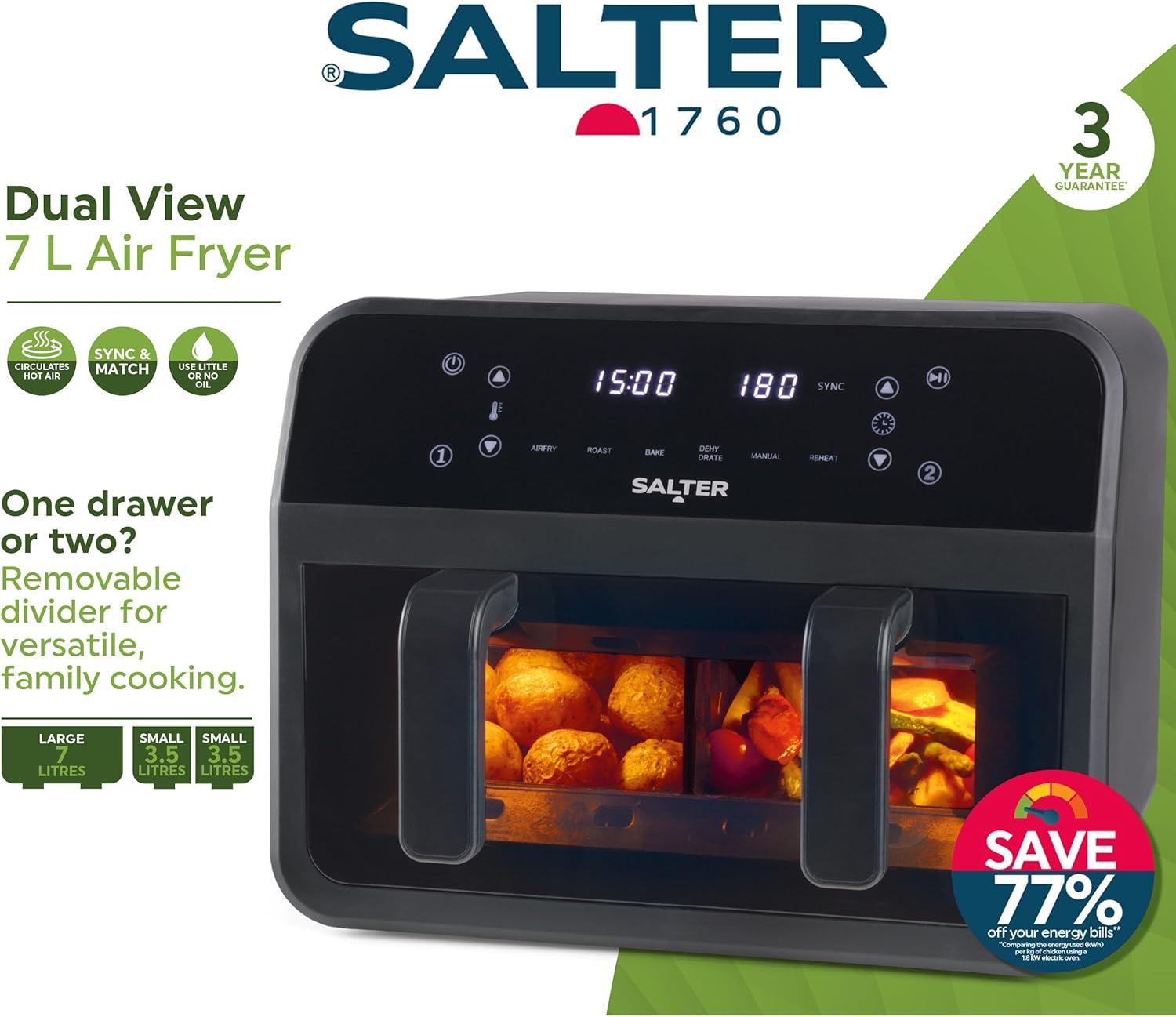 imageSalter Friteuse Sans Huile XXL 7L 2300W Airfryer 2 Compartiments avec Fentre de Visualisation Friteuse Air Chaud Familiale avec 6 Programmes cran LED Digital ampamp Plaque Antiadhsive Amovible