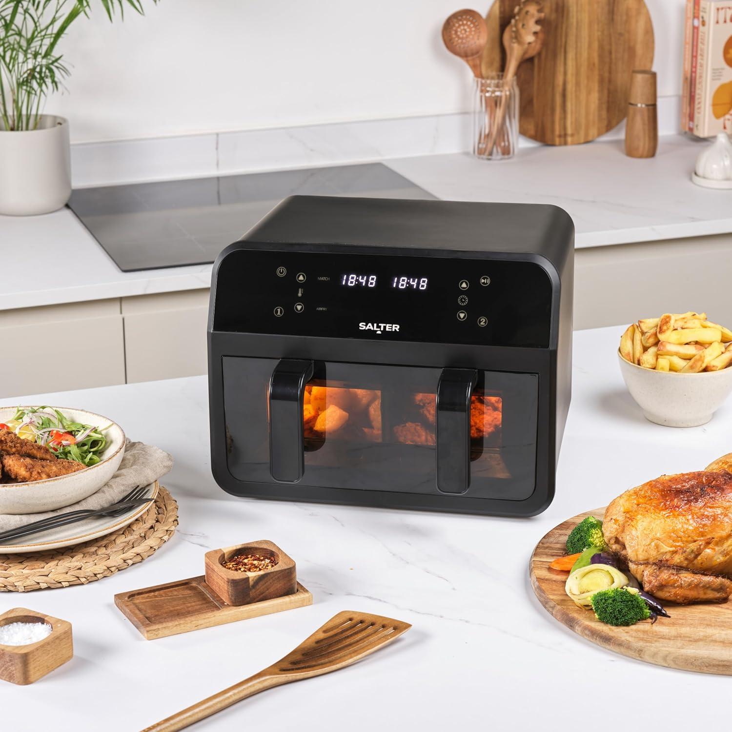 imageSalter Friteuse Sans Huile XXL 7L 2300W Airfryer 2 Compartiments avec Fentre de Visualisation Friteuse Air Chaud Familiale avec 6 Programmes cran LED Digital ampamp Plaque Antiadhsive Amovible