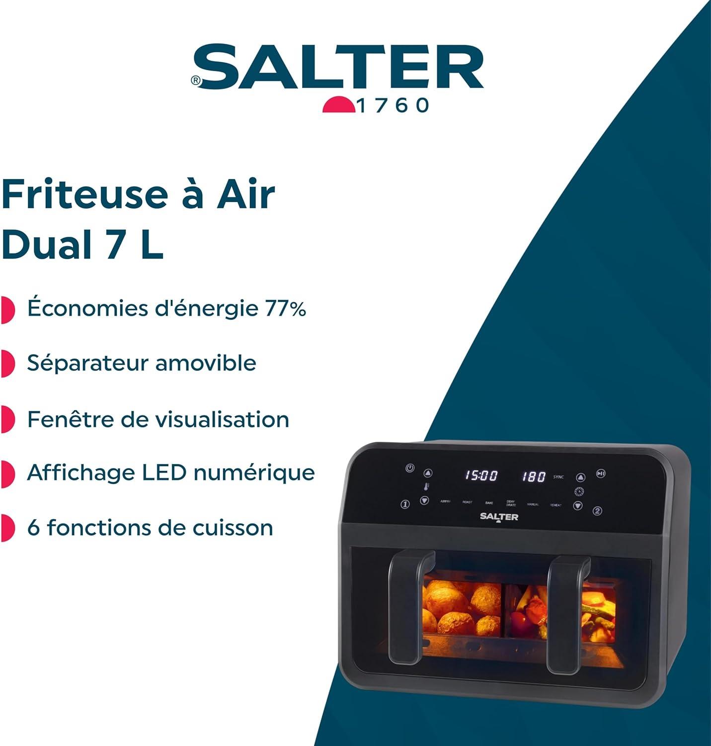 imageSalter Friteuse Sans Huile XXL 7L 2300W Airfryer 2 Compartiments avec Fentre de Visualisation Friteuse Air Chaud Familiale avec 6 Programmes cran LED Digital ampamp Plaque Antiadhsive Amovible