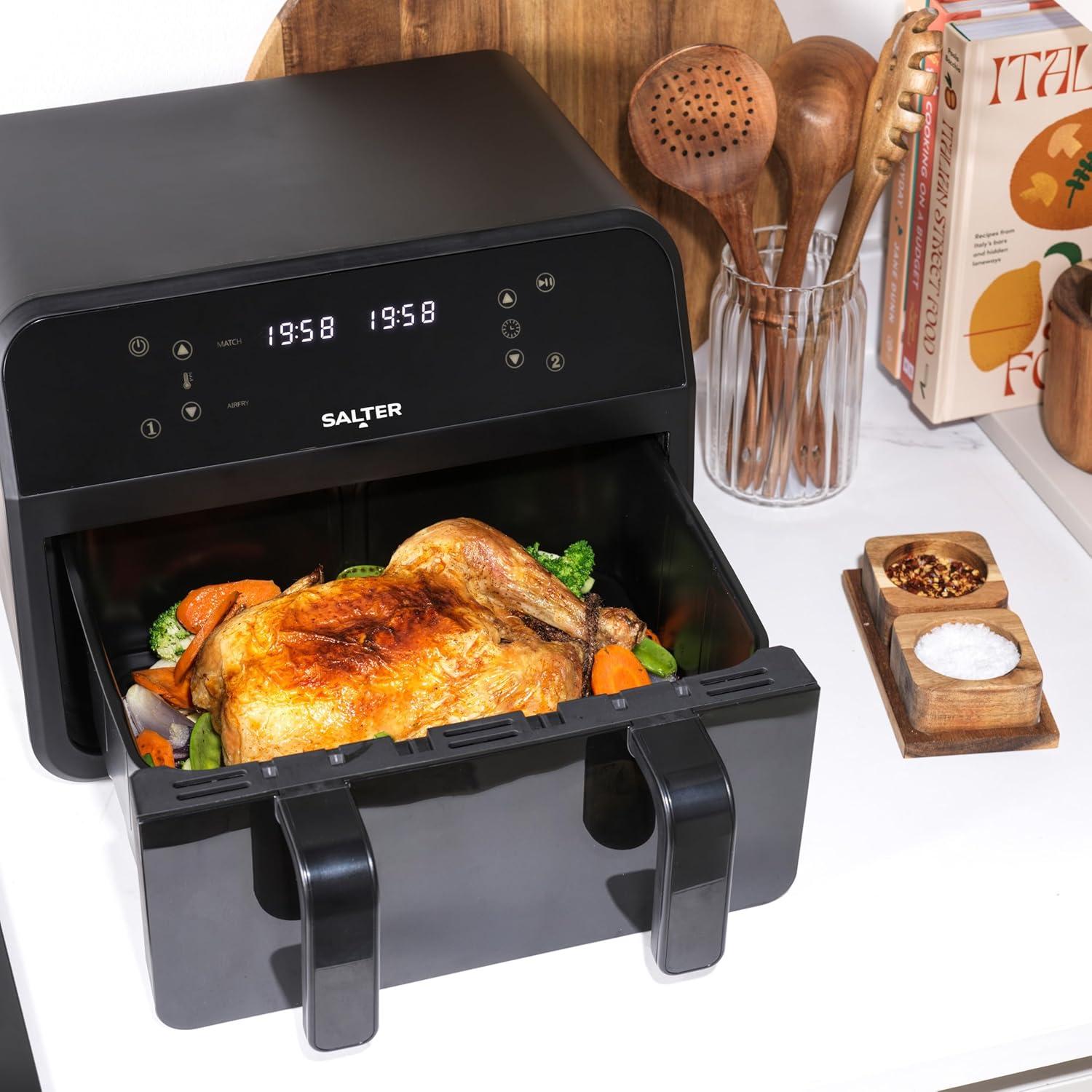 imageSalter Friteuse Sans Huile XXL 7L 2300W Airfryer 2 Compartiments avec Fentre de Visualisation Friteuse Air Chaud Familiale avec 6 Programmes cran LED Digital ampamp Plaque Antiadhsive Amovible