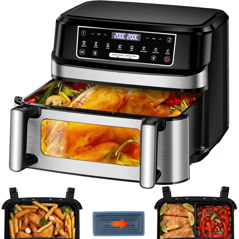 imageAir Fryer 12L  Rglable Une ou Deux Chambres Grande Friteuse Sans Huile a Recette 8en1 Friteuse Air Fryer XXL Contrle Temprature Indpendante 2600W AirFryer Double Compartiment Fenetre VisibleArgent