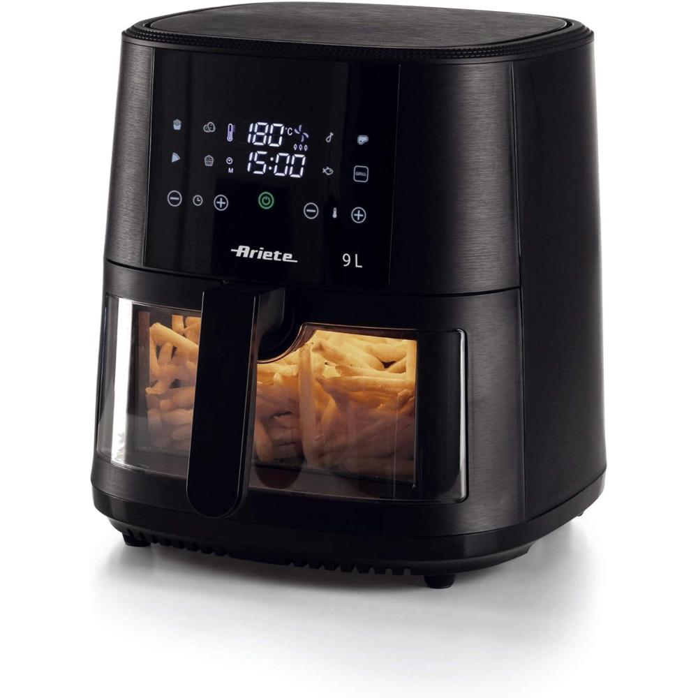 imageAriete 4630 Friteuse air 9L 1500W Capacit 9L 8 programmes Fonction Grill Jusqu 35 kg daliments frits Temprature jusqu 200C Panier transparent Noir