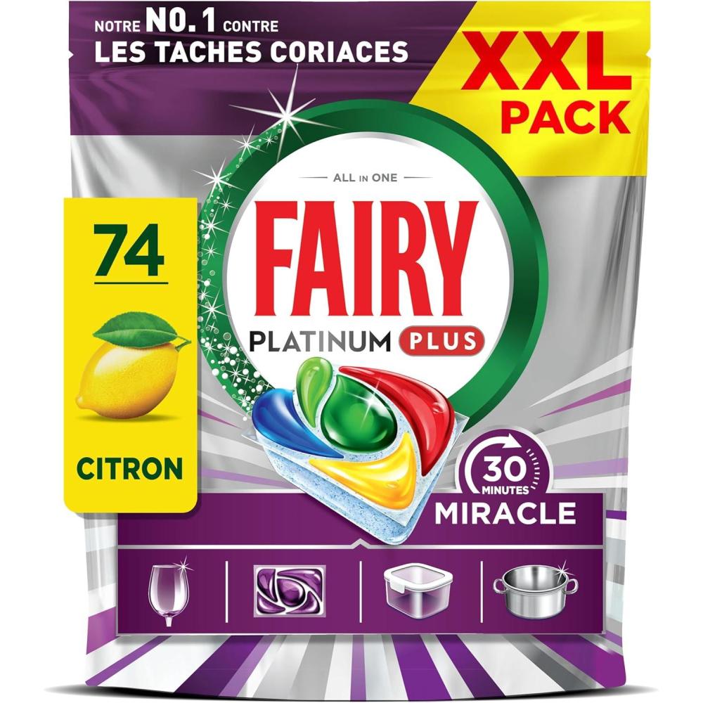 imageFairy Platinum Plus Tout En 1 30 Minutes Miracle Tablettes LaveVaisselle Notre Nettoyant N 1 Pour Les Rsidus Alimentaires Tenaces LaveVaisselle 74XMIR Citron x74