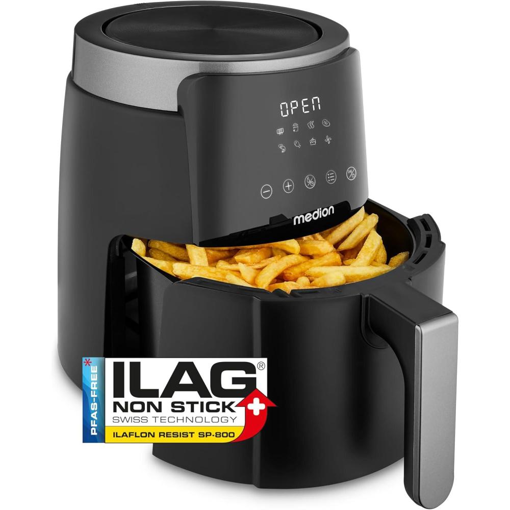 imageMEDION Air Fryer P40 L 47 L 1500 W Friteuse Sans Huile Facile Utiliser Minuterie 60 min Jusqu 200C Revtement Antiadhsif MD13030 blancNoir