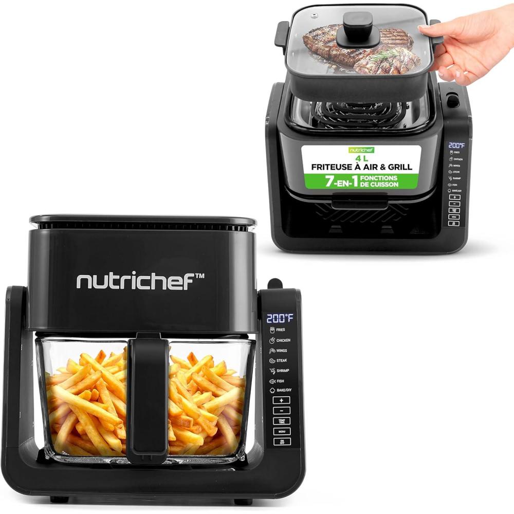 imageNutriChef Friteuse Air et Grill 4 L 7 Modes de Cuisson Prdfinis Bol Transparent pour Rsultats de Cuisson Optimaux NoirNoir