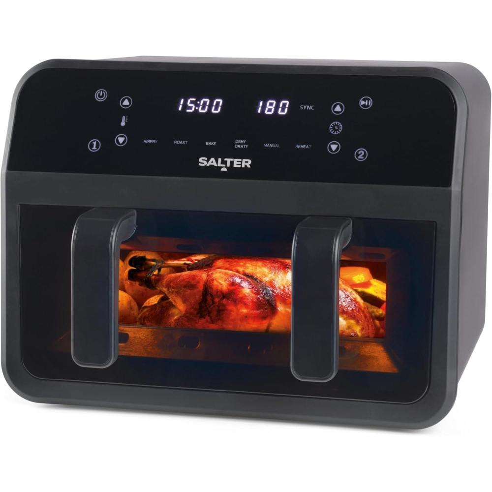imageSalter Friteuse Sans Huile XXL 7L 2300W Airfryer 2 Compartiments avec Fentre de Visualisation Friteuse Air Chaud Familiale avec 6 Programmes cran LED Digital ampamp Plaque Antiadhsive Amovible