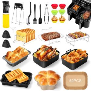Accessoires Air Fryer, Moule Silicone Air Fryer pour Ninja Foodi Dual Zone AF300EU/AF400EU/AF500EU 7,6L-9,5L et Autres Dual Zone Friteuse, avec Moule Cake, Spray Huile Cuisine etc(28PCS)