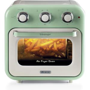 Ariete Vintage, 4632 Friteuse et Four 2en1, Capacité 16 L, Paniers et Rôtisserie en acier inoxydable, Température jusqu&rsquo;à 230°, Minuterie 60 minutes, Double Verre, 1400W, Beige(Vert)