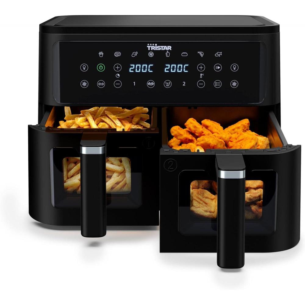 imageTristar Friteuse Air Double Panier 9 L 10 Programmes cran Tactile Fentres de Cuisson Sans PFAS Cuisson Saine Sans Huile 2500W FR9429 Noir