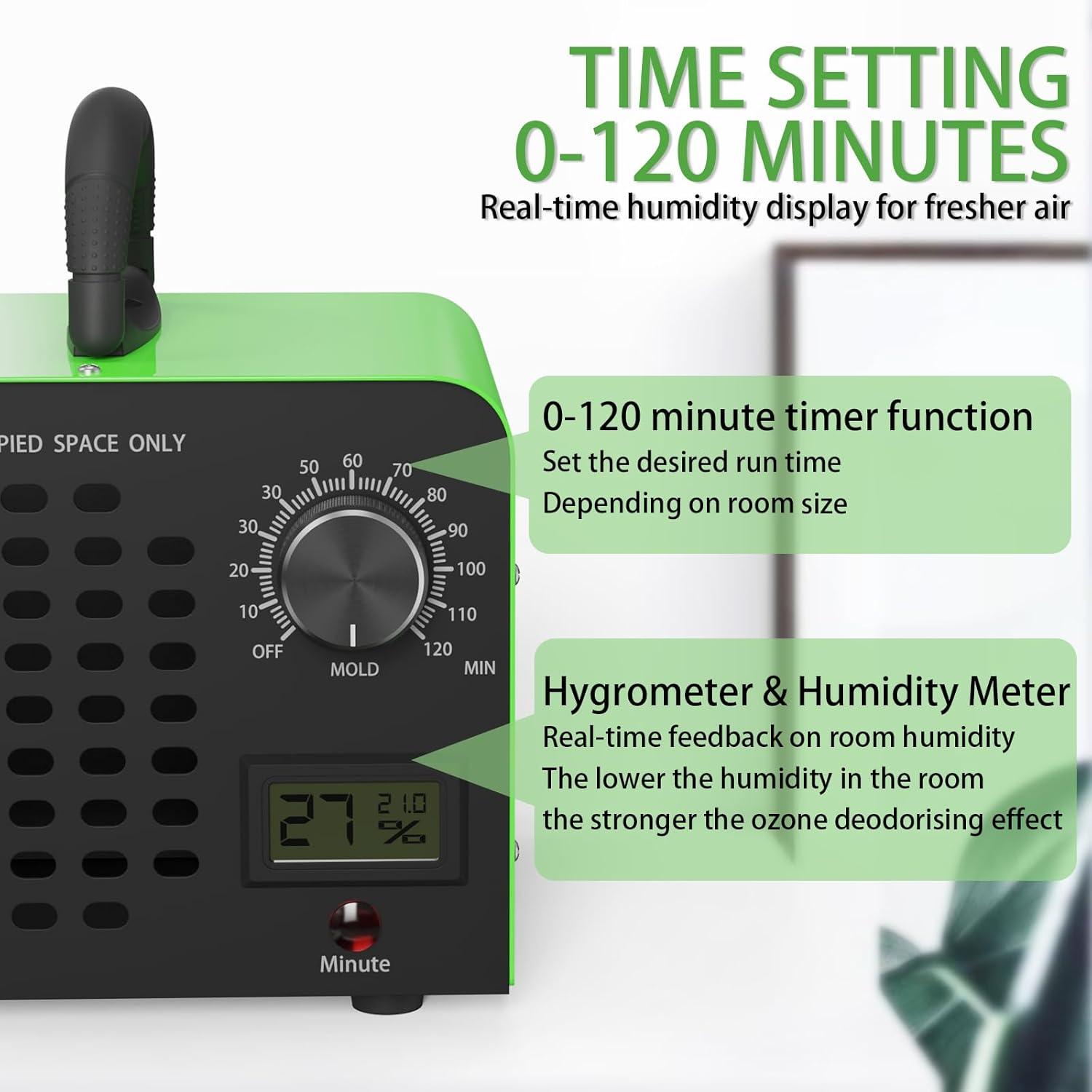 image:imageFREEUP Gnrateur dozone Domestique 60000 mgh Purificateur dAir lOzone avec affichage de temprature et humidit minuterie 120 min pour Voiture Maison Bureau odeurs danimaux Vert