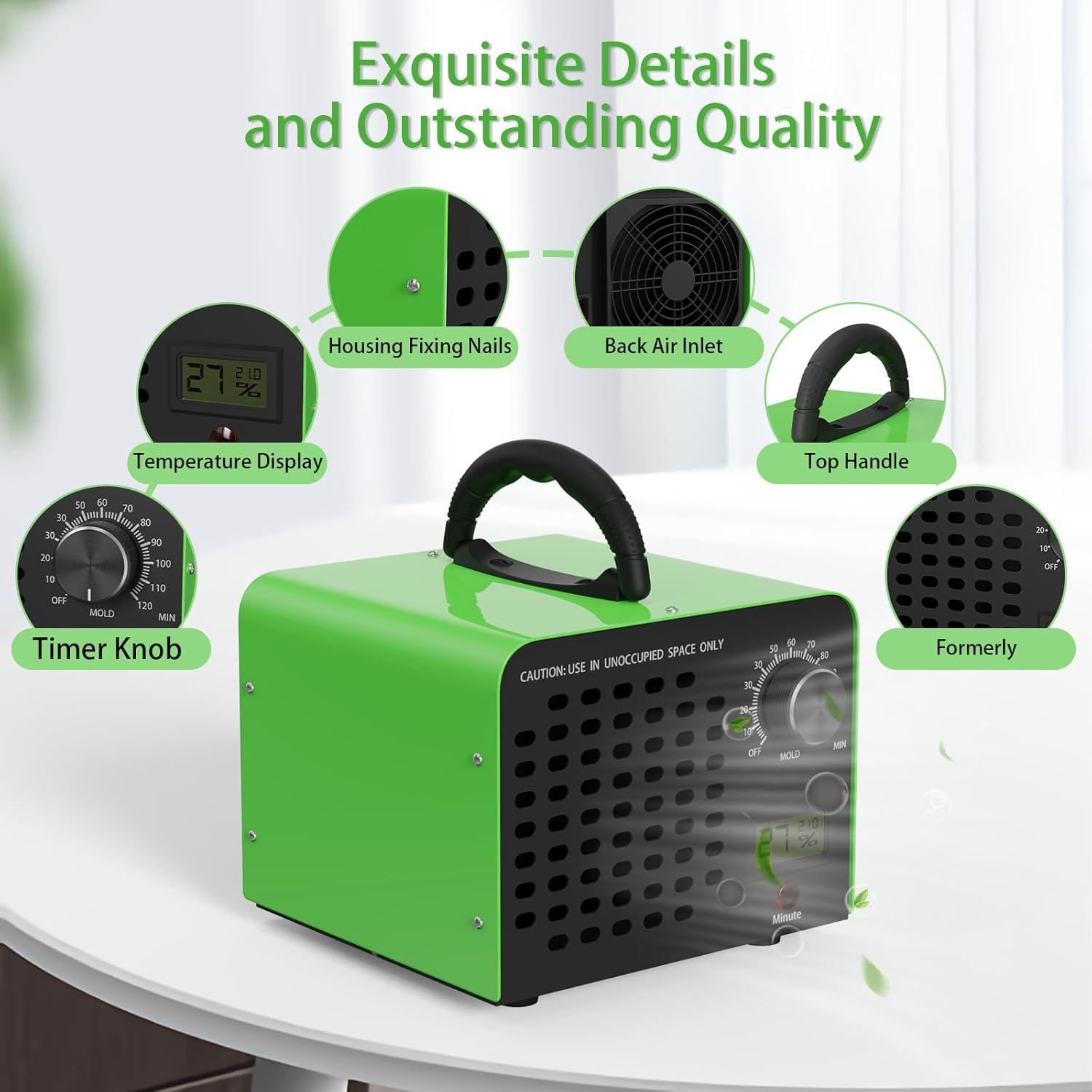 image:imageFREEUP Gnrateur dozone Domestique 60000 mgh Purificateur dAir lOzone avec affichage de temprature et humidit minuterie 120 min pour Voiture Maison Bureau odeurs danimaux Vert