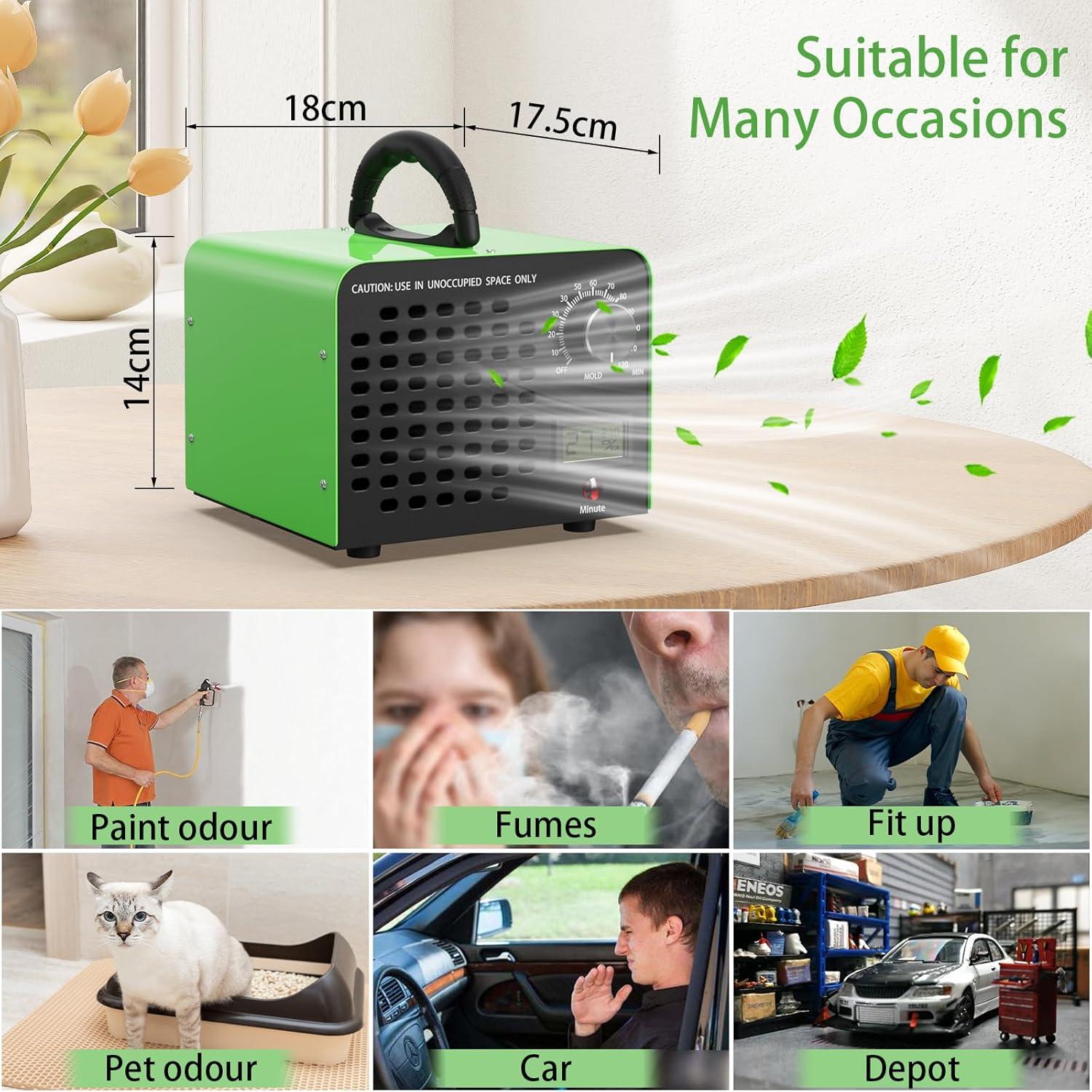 image:imageFREEUP Gnrateur dozone Domestique 60000 mgh Purificateur dAir lOzone avec affichage de temprature et humidit minuterie 120 min pour Voiture Maison Bureau odeurs danimaux Vert