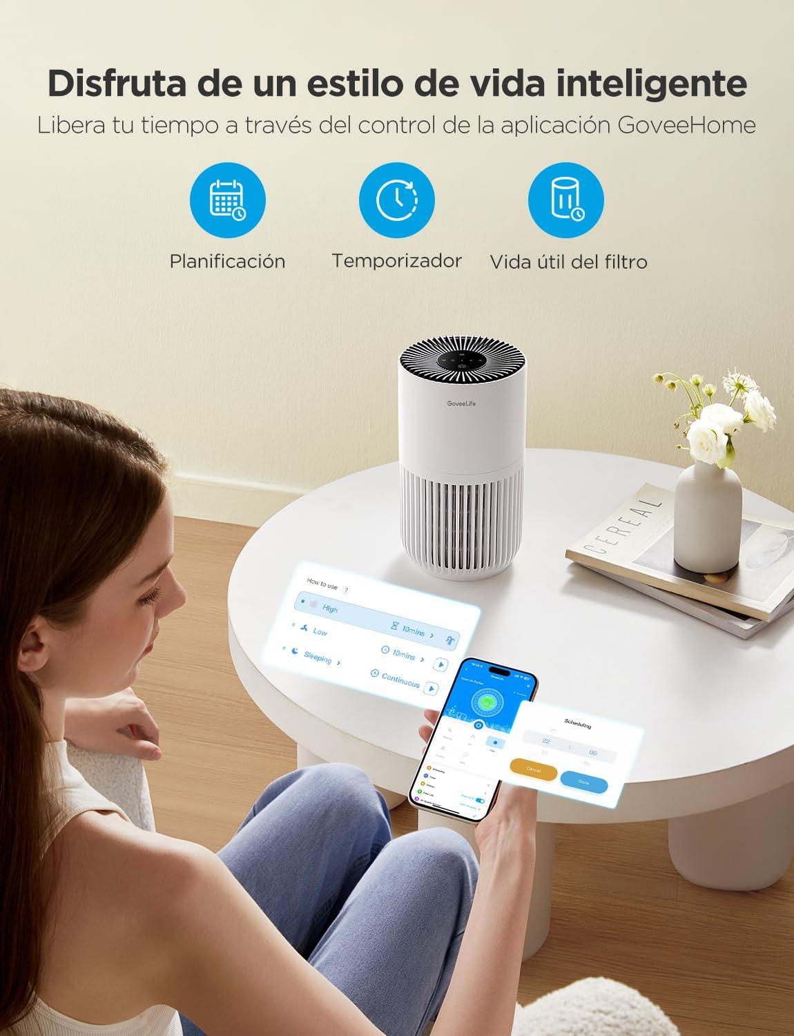 image:imageMini purificateur dair GoveeLife pour chambre avec filtre HEPA pour poils danimaux odeurs pollens et fume Alexa compatible 3 vitesses 2 modes minuterie et diffusion darmes pour la maison