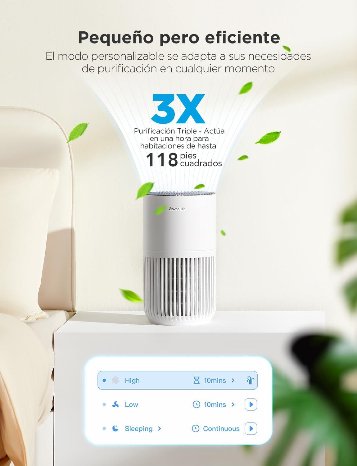 image:imageMini purificateur dair GoveeLife pour chambre avec filtre HEPA pour poils danimaux odeurs pollens et fume Alexa compatible 3 vitesses 2 modes minuterie et diffusion darmes pour la maison