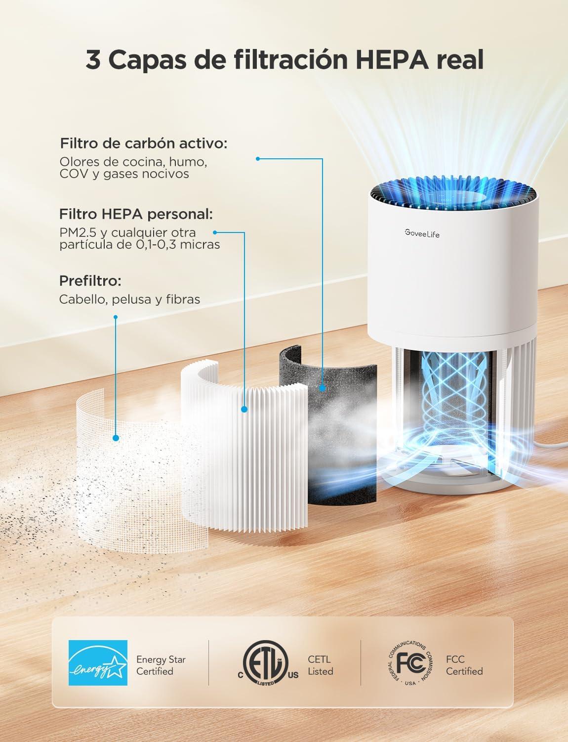 image:imageMini purificateur dair GoveeLife pour chambre avec filtre HEPA pour poils danimaux odeurs pollens et fume Alexa compatible 3 vitesses 2 modes minuterie et diffusion darmes pour la maison